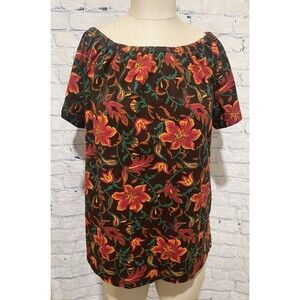 D & Co. Denim & Company QVC Brown And Pink Floral Short Sleeve Shirt Size Medium